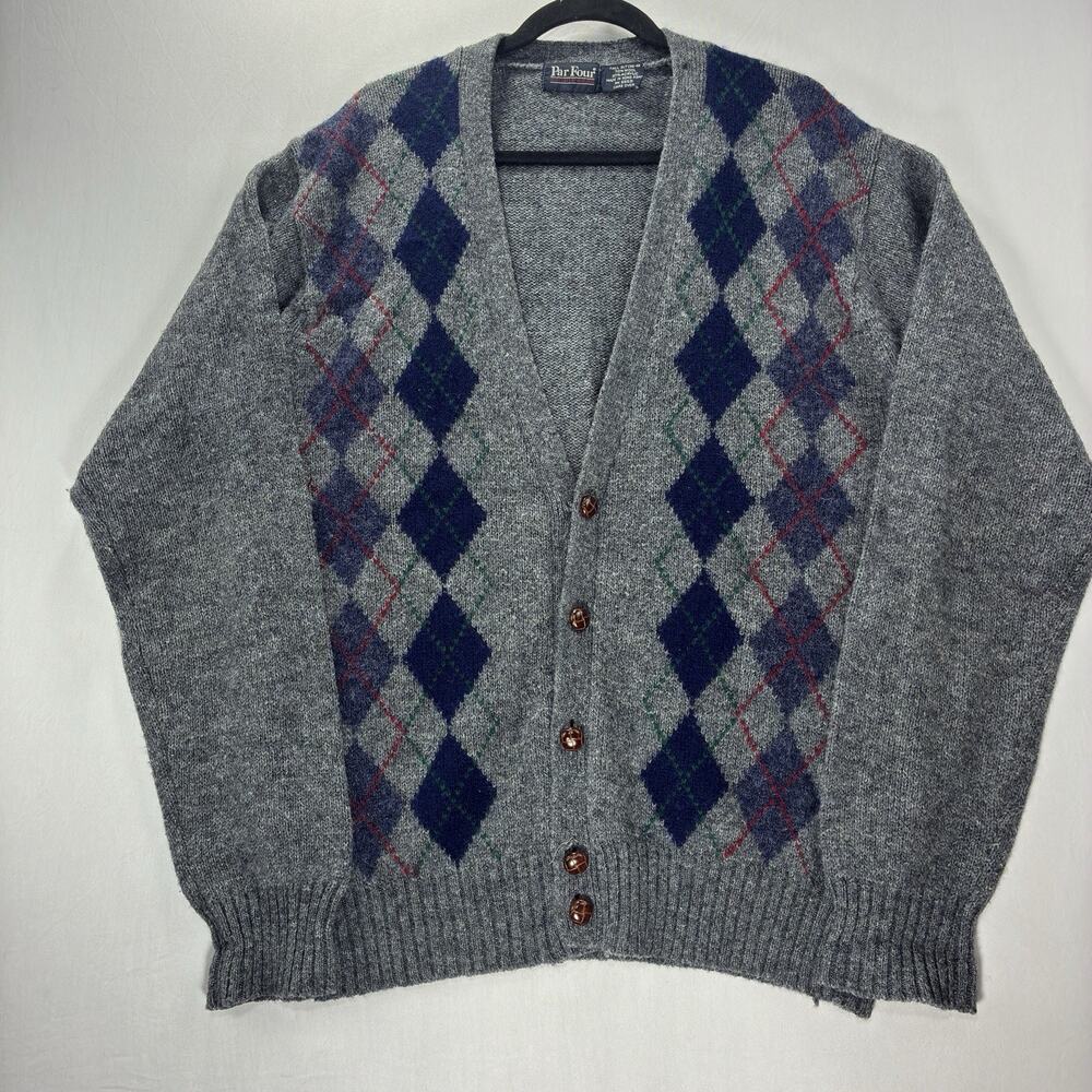 Par Four Mens Vintage XLT Argyle Cardigan Sweater Gray 70% Wool Golf